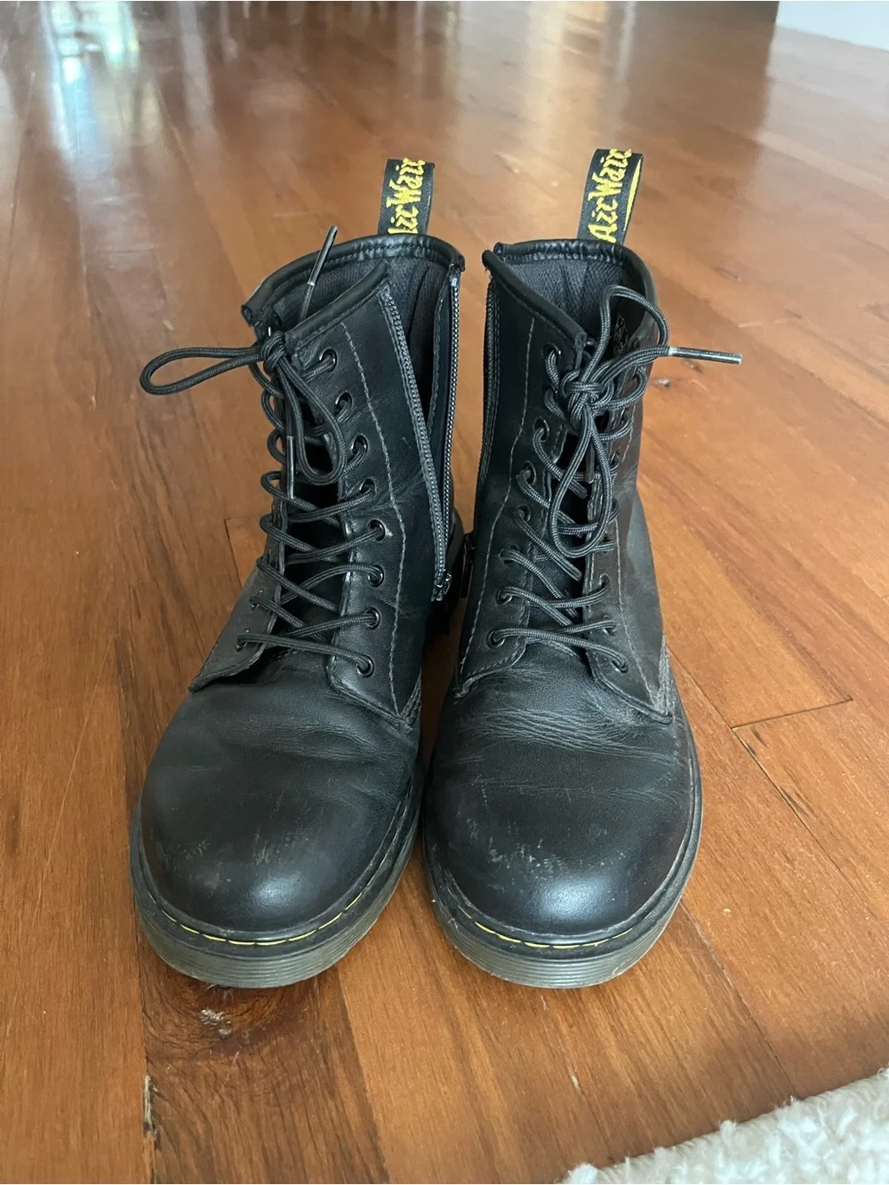 Dr. Martens Black Leather Lace-Up Ankle Boots with Yellow Heel Loop